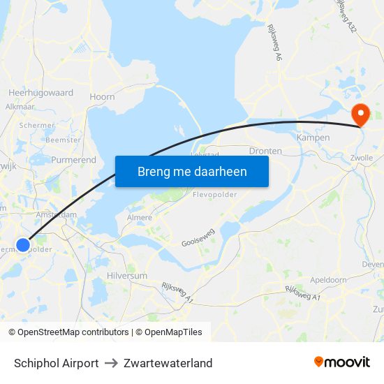 Schiphol Airport to Zwartewaterland map