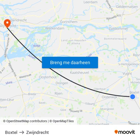 Boxtel to Zwijndrecht map