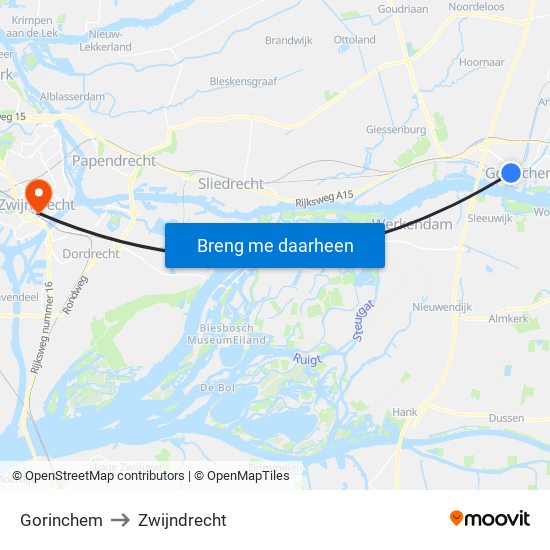 Gorinchem to Zwijndrecht map