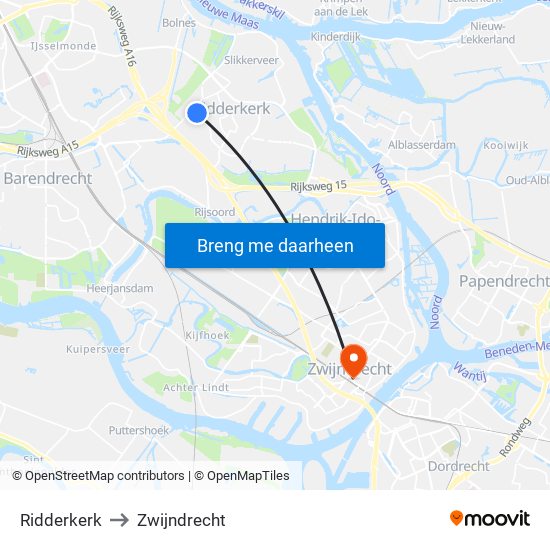 Ridderkerk to Zwijndrecht map
