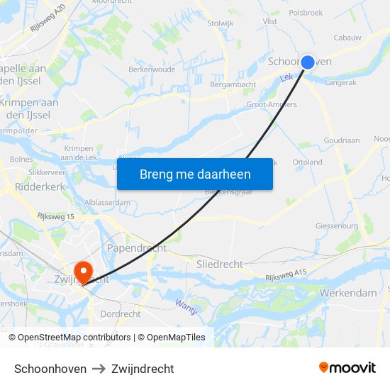 Schoonhoven to Zwijndrecht map