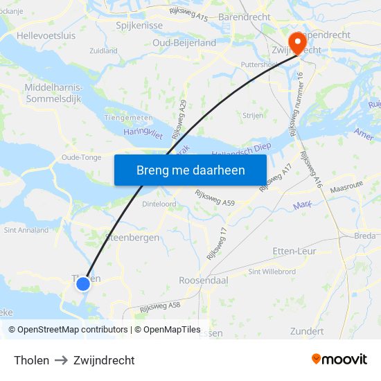 Tholen to Zwijndrecht map