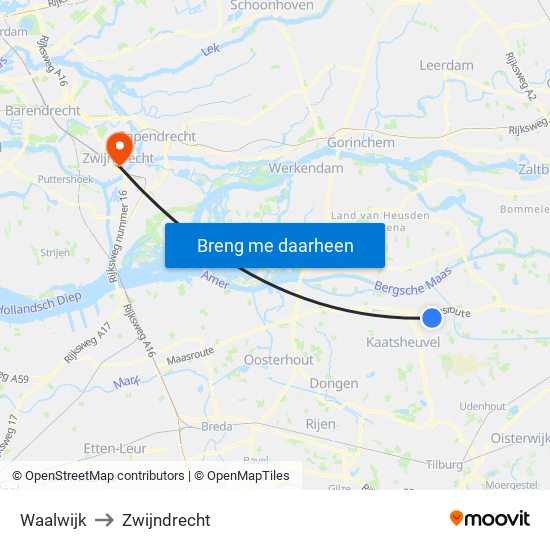 Waalwijk to Zwijndrecht map