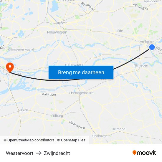 Westervoort to Zwijndrecht map