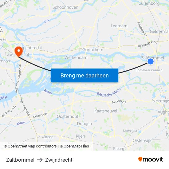 Zaltbommel to Zwijndrecht map