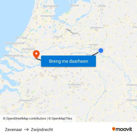 Zevenaar to Zwijndrecht map