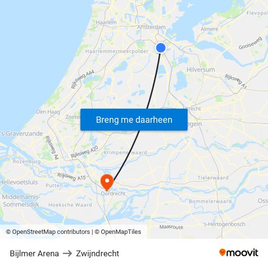 Bijlmer Arena to Zwijndrecht map
