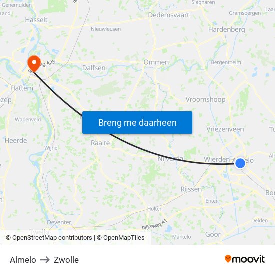 Almelo to Zwolle map