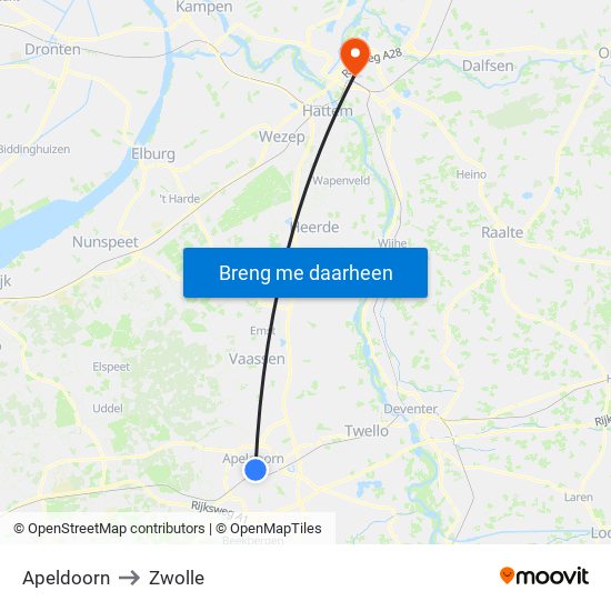 Apeldoorn to Zwolle map