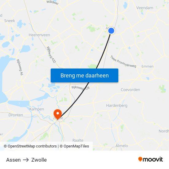 Assen to Zwolle map