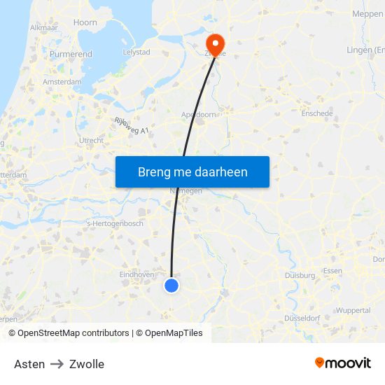 Asten to Zwolle map