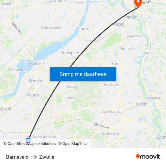 Barneveld to Zwolle map