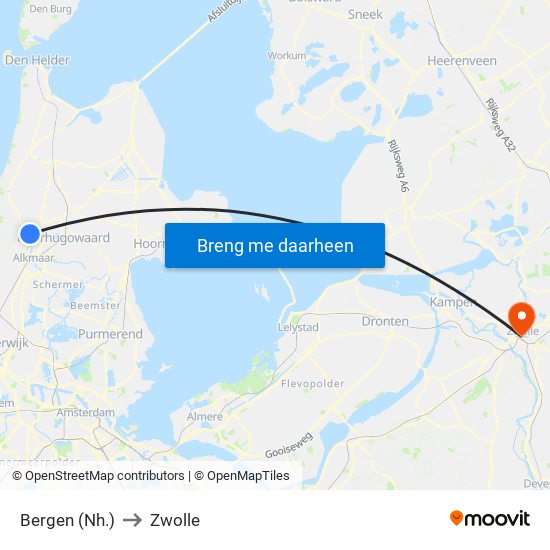 Bergen (Nh.) to Zwolle map