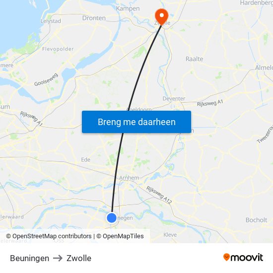 Beuningen to Zwolle map
