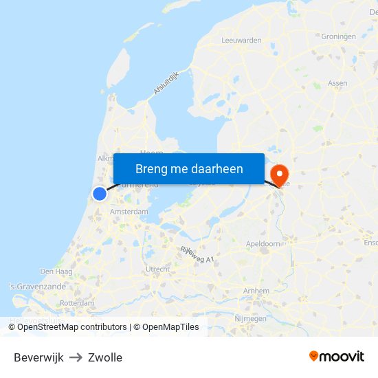 Beverwijk to Zwolle map