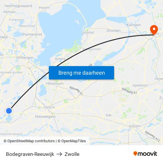 Bodegraven-Reeuwijk to Zwolle map