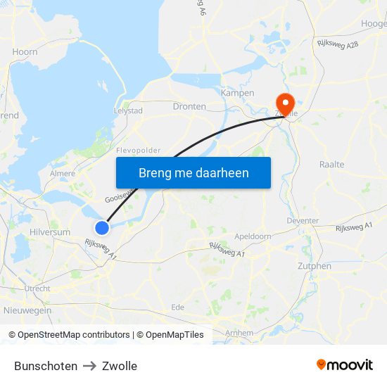 Bunschoten to Zwolle map