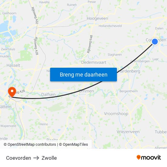 Coevorden to Zwolle map