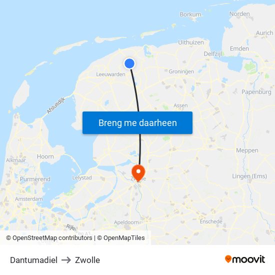 Dantumadiel to Zwolle map