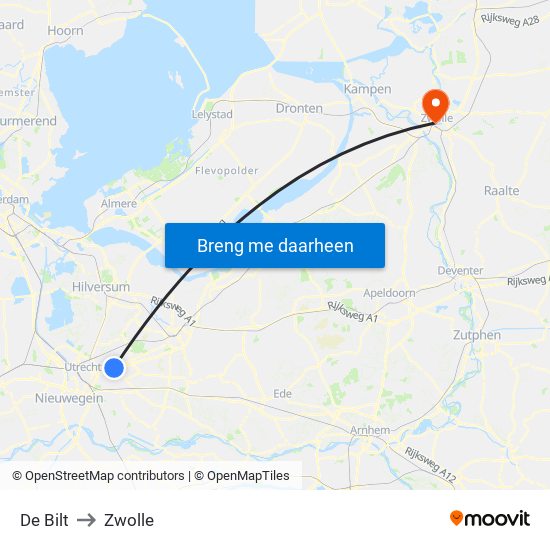 De Bilt to Zwolle map