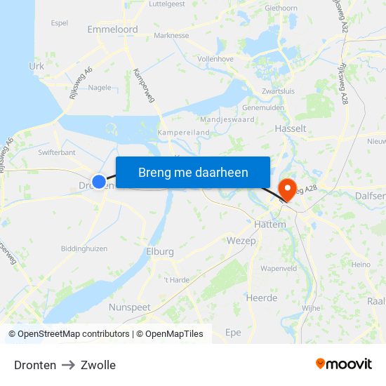 Dronten to Zwolle map