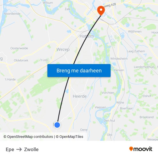 Epe to Zwolle map