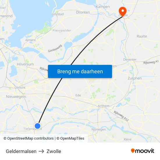 Geldermalsen to Zwolle map