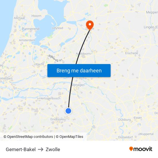 Gemert-Bakel to Zwolle map