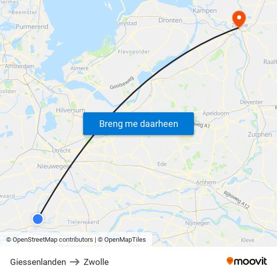 Giessenlanden to Zwolle map