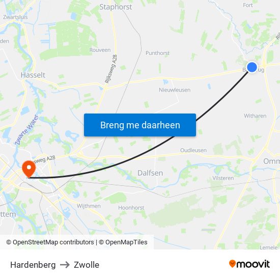 Hardenberg to Zwolle map