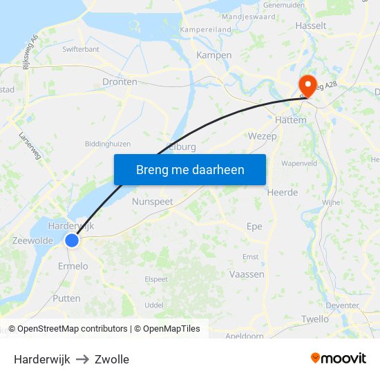 Harderwijk to Zwolle map