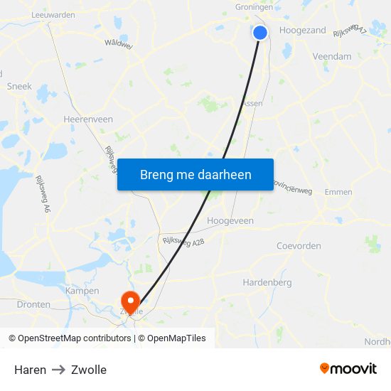 Haren to Zwolle map