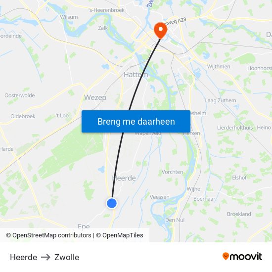Heerde to Zwolle map