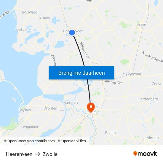 Heerenveen to Zwolle map