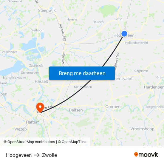 Hoogeveen to Zwolle map