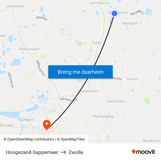 Hoogezand-Sappemeer to Zwolle map