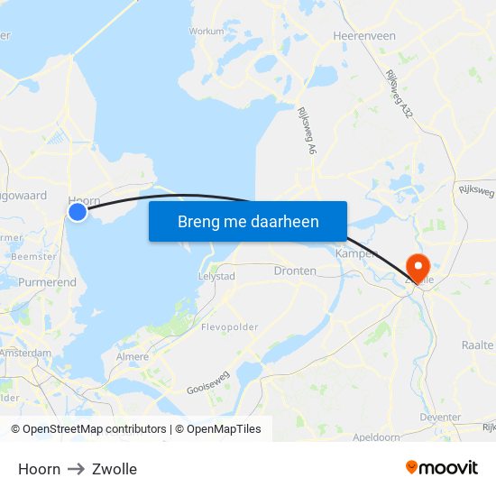 Hoorn to Zwolle map