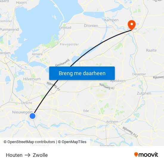 Houten to Zwolle map