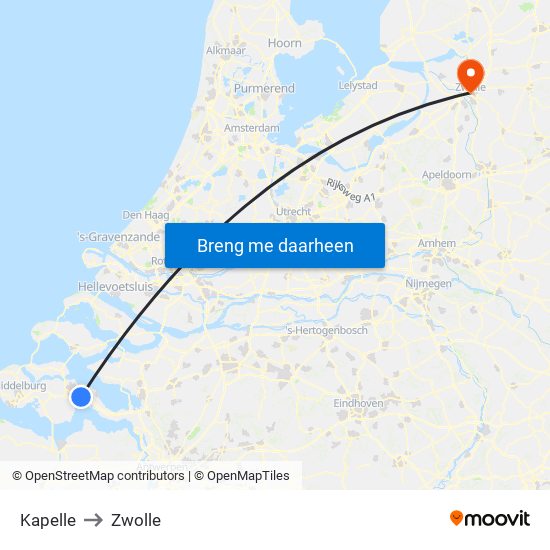 Kapelle to Zwolle map