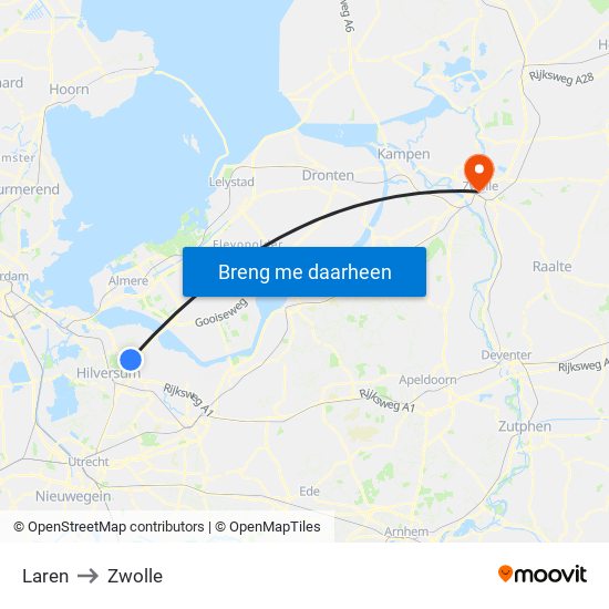 Laren to Zwolle map