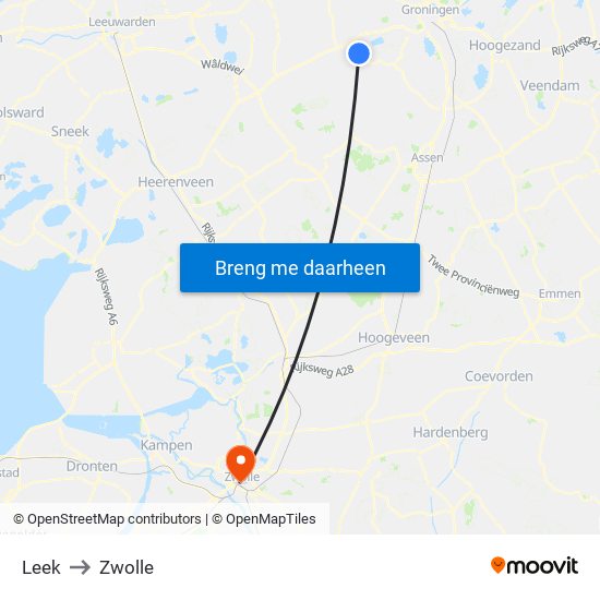 Leek to Zwolle map