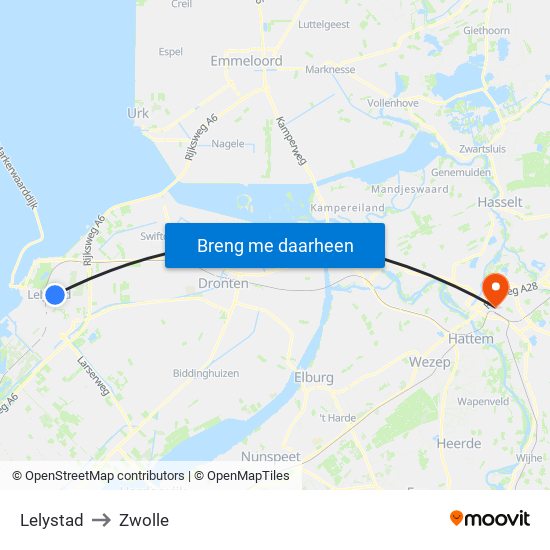 Lelystad to Zwolle map