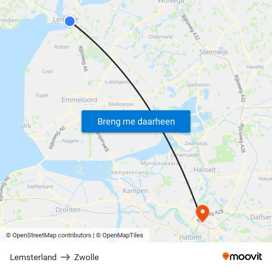 Lemsterland to Zwolle map