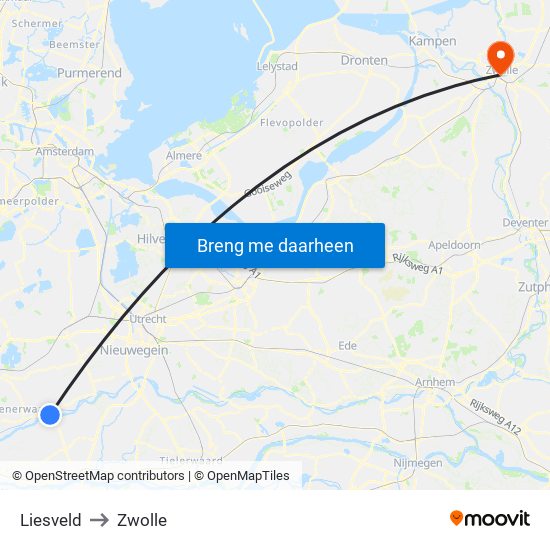 Liesveld to Zwolle map
