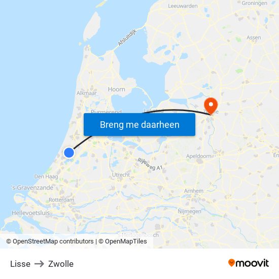 Lisse to Zwolle map