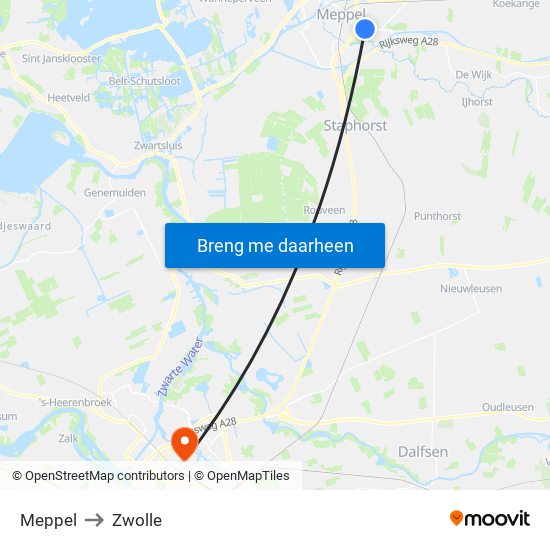 Meppel to Zwolle map