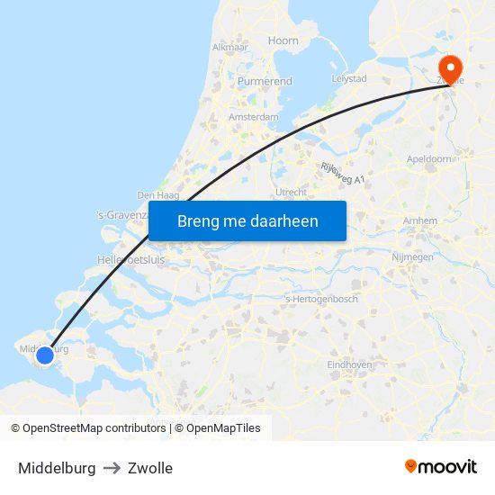 Middelburg to Zwolle map