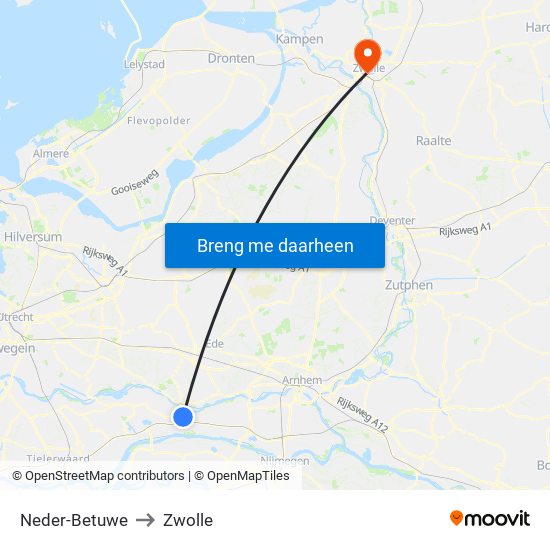 Neder-Betuwe to Zwolle map
