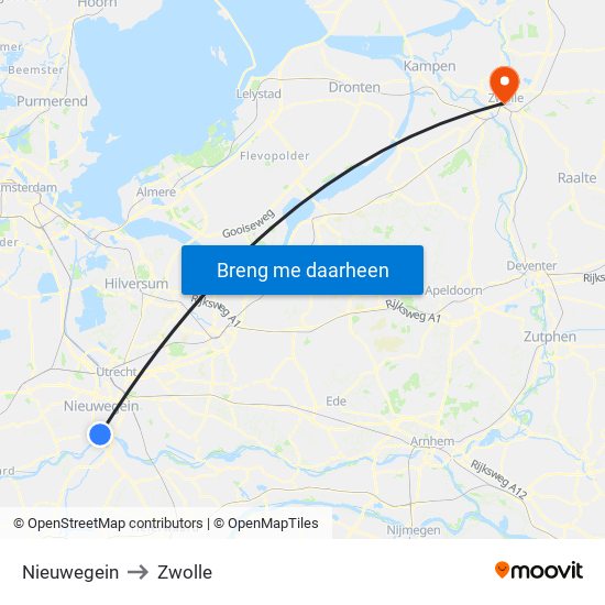 Nieuwegein to Zwolle map