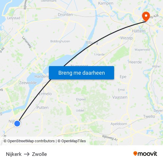 Nijkerk to Zwolle map